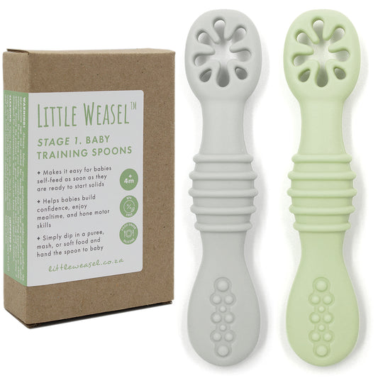 Little Weasel Stage 1: Baby Training Spoons - Sage Green / Cloud Grey (Set of 2)